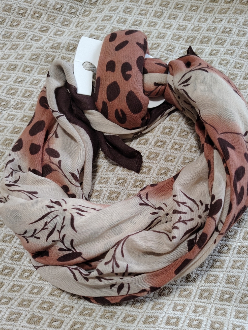Large Anne Klein Cotton Brown and Cream Animal-Print Scarf